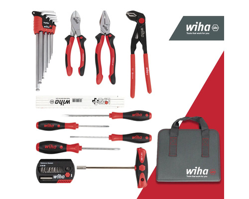 Wiha Werkzeugsatz mit Zangen, Schraubendrehern, Innensechskantschlüsseln und Bit-Set in einer grauen Werkzeugtasche