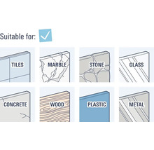 Convient pour : carrelage, marbre, pierre, verre, béton, bois, plastique, métal