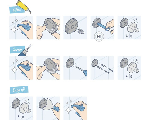Instructions pour la fixation d''accessoires de salle de bain avec de la colle, des vis et pour un retrait facile