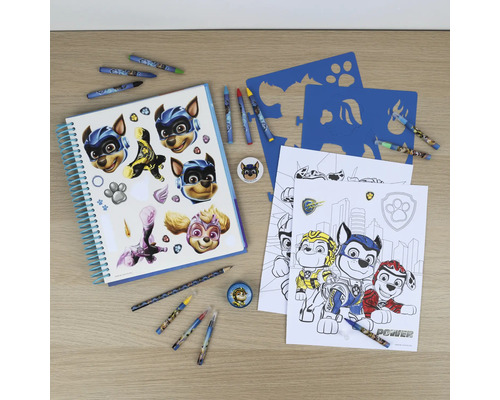 Set de coloriage avec livre de coloriage, stylos, autocollants et pochoirs sur le thème de Paw Patrol