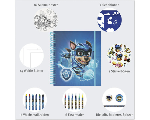 Set de coloriage avec livre de coloriage, crayons, autocollants, pochoirs et posters sur le thème de Paw Patrol