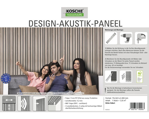 Design Akustik Paneel zur Wandmontage mit Montagehinweisen und Made in EU Siegel