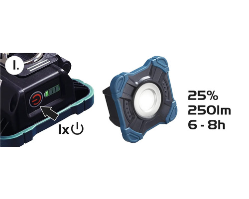 Lampe de travail avec indicateur de batterie, luminosité de 25 pour cent, 250 lumens et autonomie de 6 à 8 heures