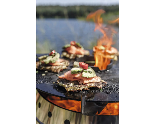 Gril garni d''aliments tels que du saumon, de l''avocat et des tomates