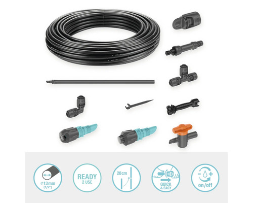 Gardena Micro-Drip-System mit Tropfrohr, Regulierstopfen, Verschlussstopfen, Verbinder, T-Stück, Winkelstück, Reinigungsnadel und Werkzeug
