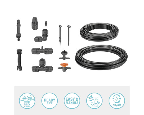 Gartenbewässerungsset mit Tropfschläuchen, Verbindungsstücken, Regulierungsventilen und Montagehilfe