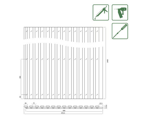 Technische Zeichnung einer Zaunblende mit Maßen und Werkzeugsymbolen