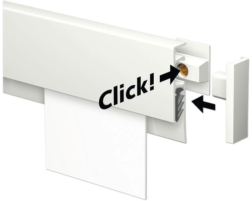 Befestigung einer weißen Sockelleiste mit Klickfunktion