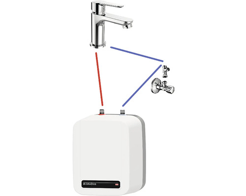 Installation eines elektronischen Warmwasserbereiters mit Wasserhahn und Eckventilen