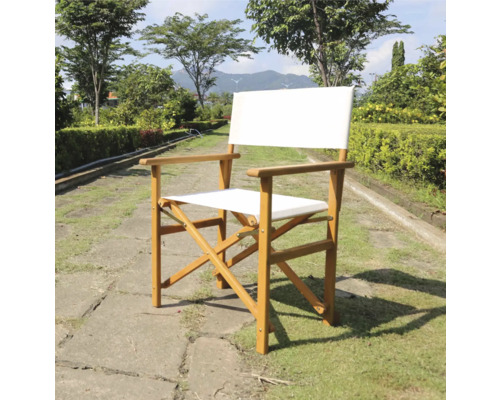 Regiestuhl mit Holzrahmen und Sitzfläche aus Stoff für den Außenbereich