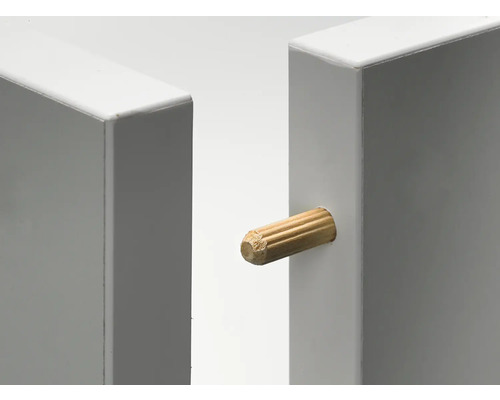 Cheville en bois pour assemblage de meubles entre deux éléments blancs