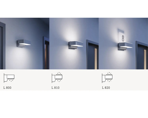 Drei Varianten der Steinel Wandleuchte mit Hausnummerbeleuchtung an einer Wand neben einer Tür