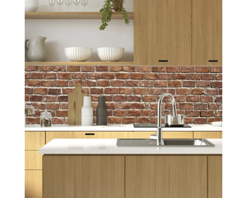 Küchenszene mit Spüle, Armatur und Wandverkleidung im Backsteindesign