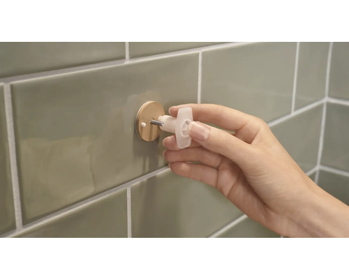 Hand die einen Dübel in eine geflieste Wand einführt