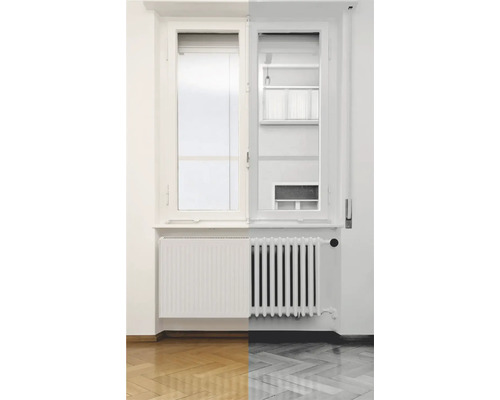 Fenster und Heizkörper in einem hellen Raum mit Parkettboden