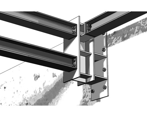 Dessin de construction d''un système de support fixé à un mur avec des vis.