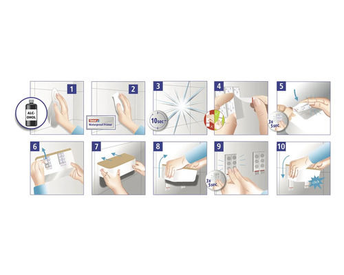 Instructions pas à pas pour le montage d''une étagère avec des bandes adhésives sur un mur carrelé