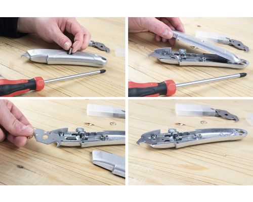 Mehrteilige Abbildung eines Cuttermessers beim Zusammenbau mit Schraubendreher auf einem Holztisch.