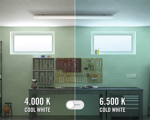 Atelier avec différentes températures de couleur : blanc froid à 6 500 kelvins et blanc neutre à 4 000 kelvins.