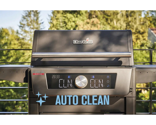 Logo Char-Broil sur un barbecue avec fonction de nettoyage automatique.