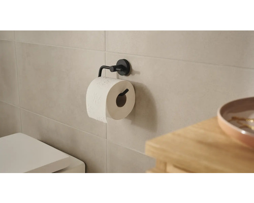 Toilettenpapierhalter mit Toilettenpapierrolle an der Wand