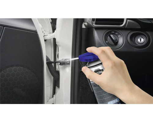 Eine Person sprüht Multifunktionsöl auf das Türscharnier eines Autos.