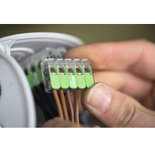 Une main connecte des câbles à une borne Wago 221.