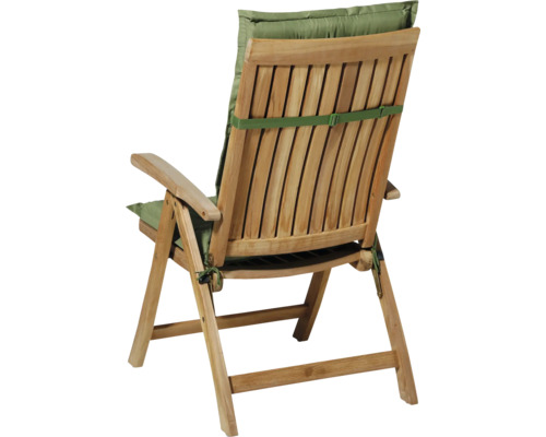 Gartensessel aus Holz mit Auflage, Rückansicht.