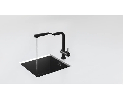 Schwarze Küchenarmatur mit schwarzem Spülbecken