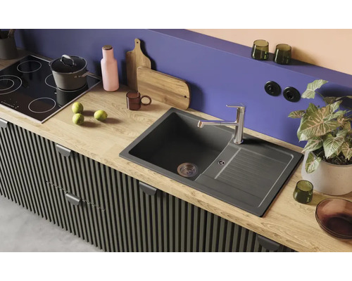 Scène de cuisine avec évier, plaque de cuisson et plan de travail