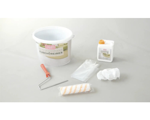 Kit d''accessoires pour sols design avec seau, nettoyant, rouleau de peinture et gants
