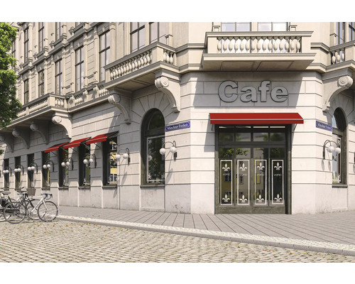Aussenansicht eines Cafés mit Markisen