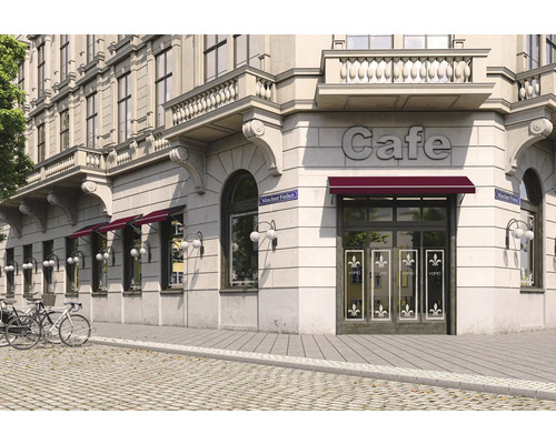 Aussenansicht eines Cafés mit Markisen