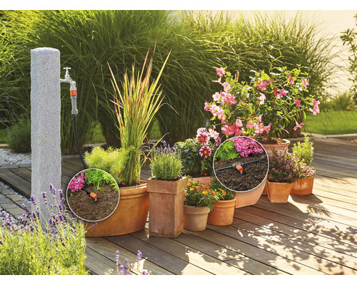 Gartenbewässerungssystem mit Tropfern und Blumen in Pflanzgefäßen