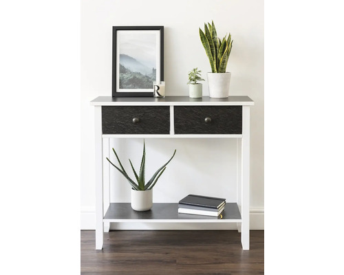 Dekorativer Konsolentisch mit zwei Schubladen, Ablagefläche und verschiedenen Dekorationselementen