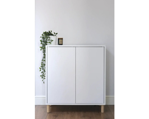 Armoire blanche avec deux portes et pieds en bois