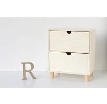 Petite commode en bois avec deux tiroirs et pieds en bois.