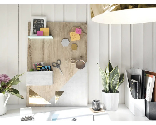 Scène d''un bureau avec un panneau en bois avec étagère, un récipient, des notes et des articles de bureau.
