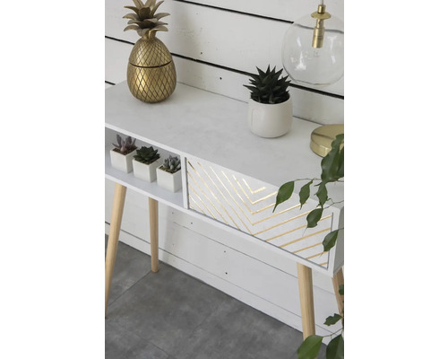Table console blanche avec tiroir et décorations