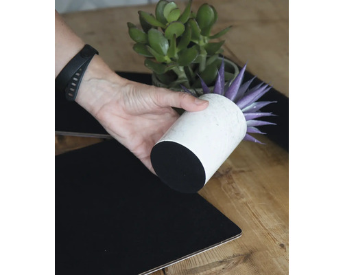 Dekoratives Arrangement mit künstlicher Pflanze in weißem Topf und schwarzer Tischdecke.