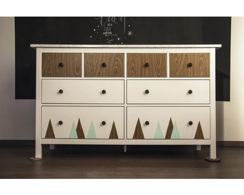 Commode avec six tiroirs, bois et motif triangulaire