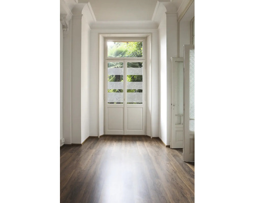 Pièce lumineuse avec parquet, porte à deux battants et fenêtre
