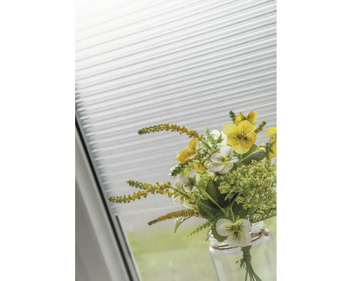 Store plissé à la fenêtre avec un vase de fleurs