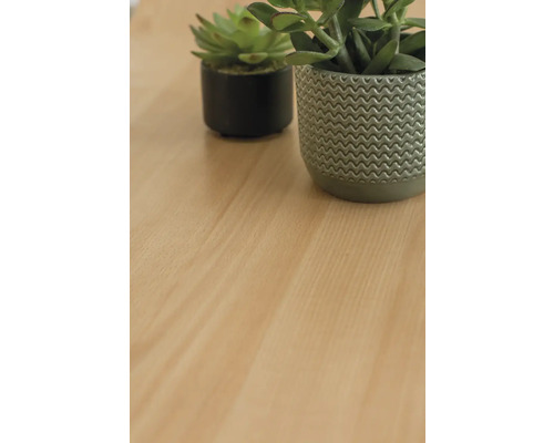 Plantes artificielles décoratives en pots sur une surface en bois.