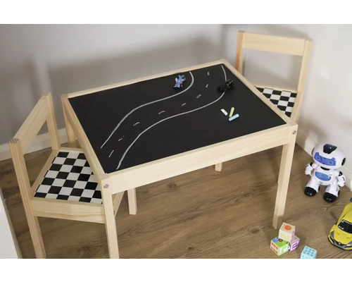 Groupe de sièges pour enfants avec table et deux chaises, plateau de table avec surface tableau noir et dessin à la craie