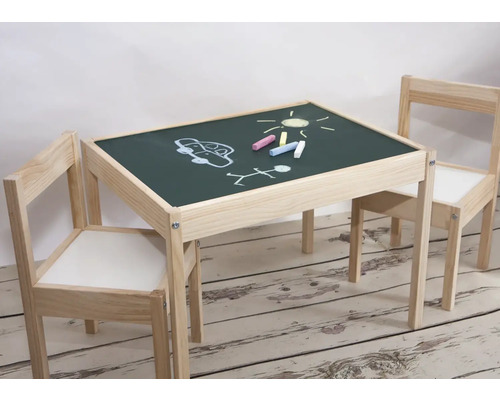 Kindersitzgruppe mit Maltisch und zwei Stühlen aus Holz mit Tafeloberfläche