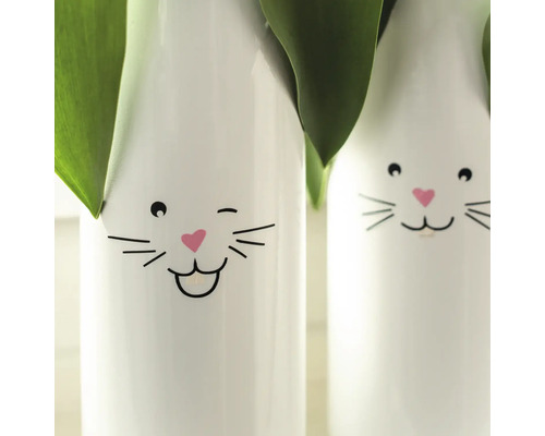 Zwei weiße Vasen mit Hasengesicht und Pflanzen