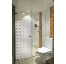 Salle de bains avec douche, porte en verre et toilettes