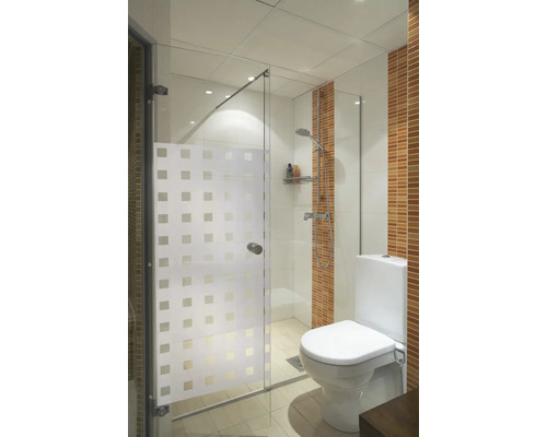 Salle de bains avec douche, porte en verre et toilettes