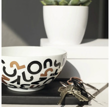 Bol décoratif avec motif de lettres, plante d''intérieur dans un pot blanc et trousseau de clés sur une étagère.